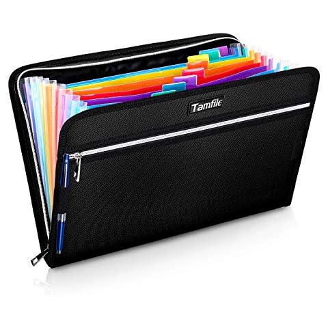 Fireproof Safe Waterproof Accordion File Bag Folder Expanding Filing Folder with 14 Multicolored Pockets, A4 Letter Size, Document Organizer Holder and Color Labels /2 Zipper (Black 14.3" x 9.8") Cover