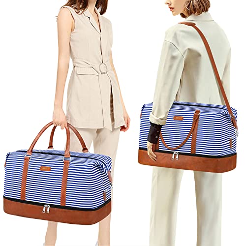 Image of IBFUN Travel Weekender Bag Travel Duffle Bag Travel Tote Bag, B2-blue & White Strips, Large