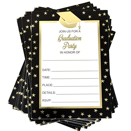 48 Graduation Invitations 2020 With Envelopes in Elegant Gold Foil and Black Grad