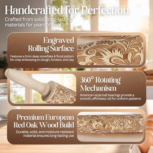 Image of Flexzion Embossed Rolling Pins with Patterns for Baking, 7.7-inch Engraved Wooden Rolling Pin with Snowflake Flower Pattern Rolling Pin for Baking Pastry Pizza Dough Fondant Cookie Pie Crust Pasta