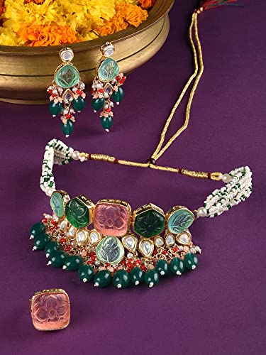 ZAVERI PEARLS Multicolor Stones & Beads Multistrand Beaded Kundan Choker Necklace Earring & Ring Set For Women-ZPFK15095 - Image 2