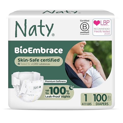 Image of Naty BioEmbrace Baby Newborn Diapers | Sensitive Skin Safe Certified | Leak Protection up to 100% | Plant-Based Teddy Softness, Premium Comfort | Chlorine-Free | Size 1 (4–11 lbs), 100 Count
