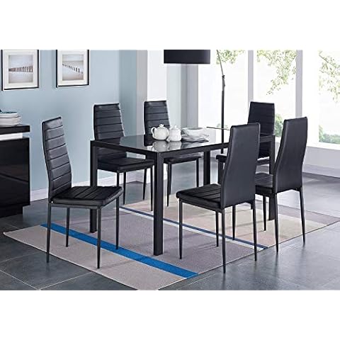 Huisen Furniture Contemporary Glass Dining Kitchen Table Set and 6 Chairs Set Black Faux Leather Chairs Glass Tempered Table Rectangular for 6 People (7 Pieces: 1 Table 6 Chairs) Cover