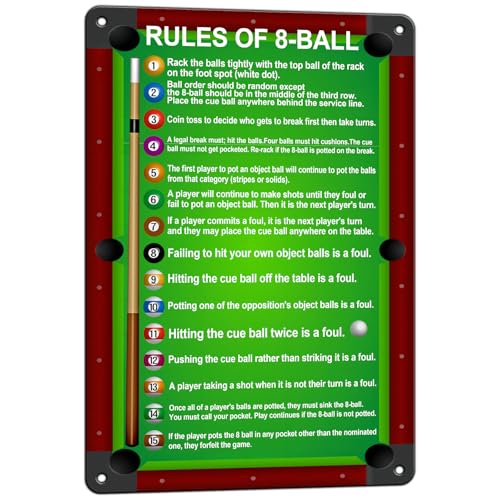 macago 8 Ball Pool Rules Sign Pool Room Decor Aluminum Sign Billiard Room Wall Decor for Game Room Man Cave Bar Pub 8x12 Inch