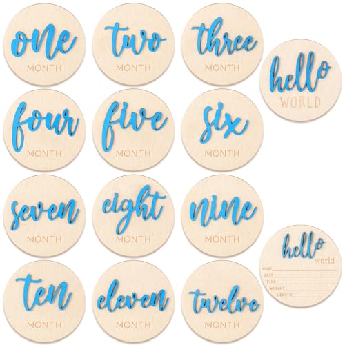 Image of 7 PCS Baby Monthly Milestone Wooden Signs 3D Girl Baby 1-12 Months Announcement Card Sign Wood Markers Disc Block Keepsake Double Sided Engraved Keepsake Photo Prop (Blue)
