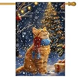 BlissYard Christmas House Flag 28 x 40 Inch Double Sided Garden Flag with Ginger Cat in Scarf Looking at Lit Tree for Winter Yard Banner Porch Outdoor Decor