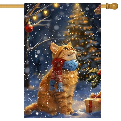 BlissYard Christmas House Flag 28 x 40 Inch Double Sided Garden Flag with Ginger Cat in Scarf Looking at Lit Tree for Winter Yard Banner Porch Outdoor Decor