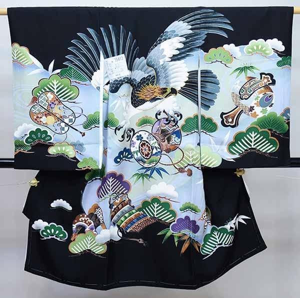 お宮参り 産着 のしめ 男児 正絹 羽二重 金刺繍 鷹 黒地 NO35412