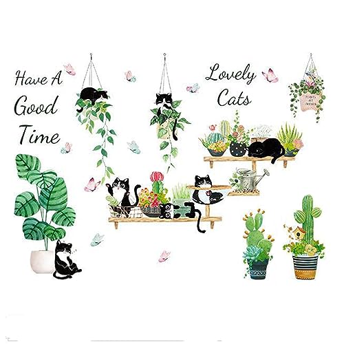 Eabdice Pegatinas de Pared Planta Tropicales, Vinilo Decorativo Plantas en Macetas, Maceta Vinilos Decorativos Gatos, para Decoración de pared en Salón, Estudio, Oficina