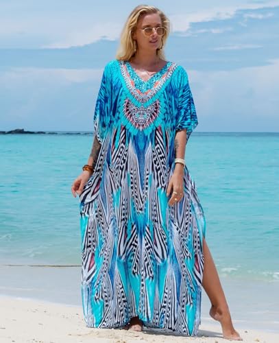 Women's Plus Size Moroccan Print V-Neck Batwing Kaftan Loose Fit Beach Dress Bathing Suit Cover Up2