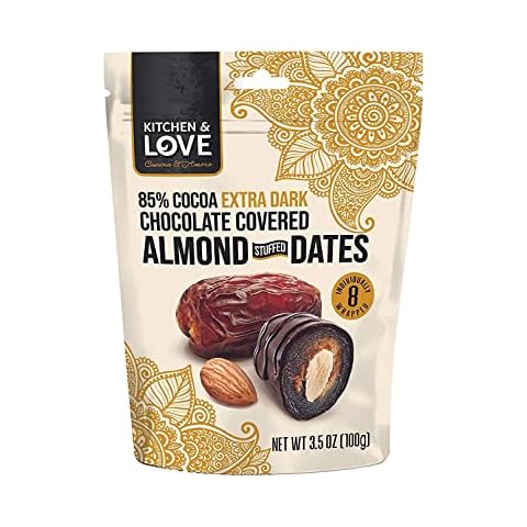 Kitchen & Love Chocolate Covered Almond Stuffed Dates in a Convenient Resealable Pouch, 8 Individually Wrapped Pieces, 85% Extra Dark Chocolate, Healthy Snack, 3.5 oz, Pack of 1 Cover