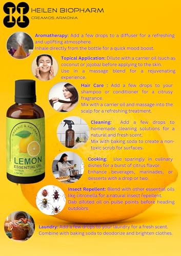 Image of Heilen Biopharm Lemon Essential Oil - 100 mL Per Bottle Pack of 1, For Skin Brightning Face Care & Support Immune System (Citrus limon)
