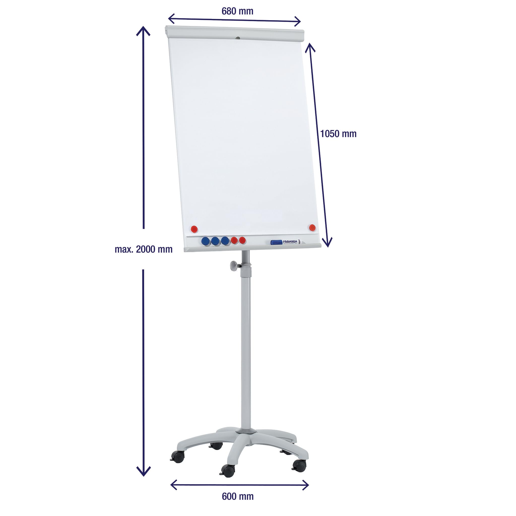FRANKEN Flipchart, Beschreibbar, Magnetisch, Mobil, Mit Rollen, Whiteboard mit Ständer, Papierhalterung und Stifteablage, 68 x 105 cm, X-tra!Line Mobil, EL-FC31