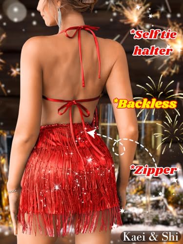 Image of Kaei&Shi Sequin Fringe Romper,Sparkly Glitter Metallic Jumpsuits For Women,Backless Shorts Dress Disco Birthday Dance Outfit