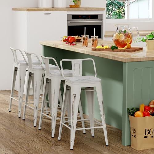 Image of Yongchuang 26 inch Industrial Metal Barstools Set of 4 Counter Height Bar Stools with Back (Wood Top Low Back, Distressed White)