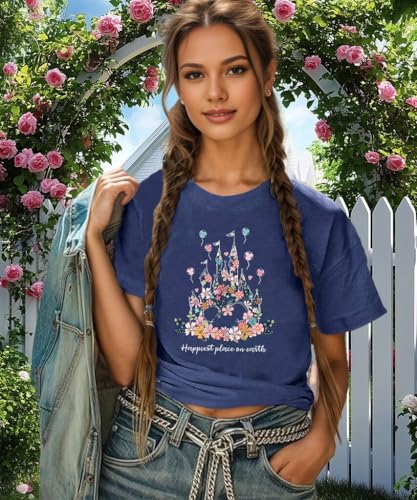 Magical Shirt for Women Happiest Place On Earth T-Shirt Balloon Flower Graphic Short Sleeve Tops Holiday Tee3