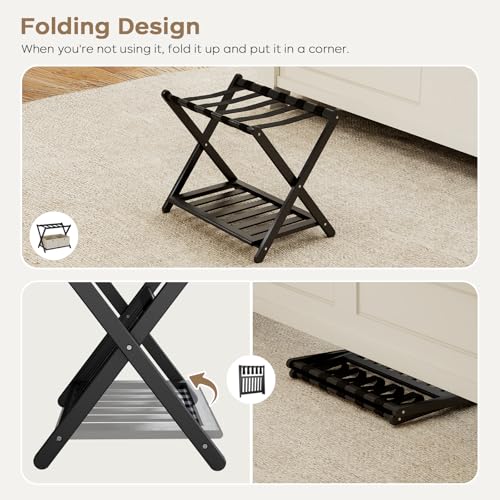 2 Pack Fully Assembled Black Luggage Racks, Bamboo 26.77" Folding Suitcase Stand for Guest Room with 5 Nylon Straps, Heavy Duty, Upgraded Luggage Rack Holder with Shelf for Bedroom Hotel