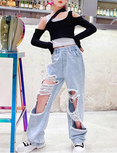 Happy Cherry Girls Jeans Straight Wide Leg Flare Denim Pants for All Seasons 5-15 Y3