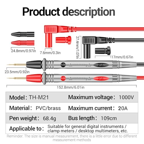 Image of Themisto TH-M21 20A 1000V Copper Corded Test Leads for Multimeter | CAT III | 110 cm Cord | Professional Electric test Probes