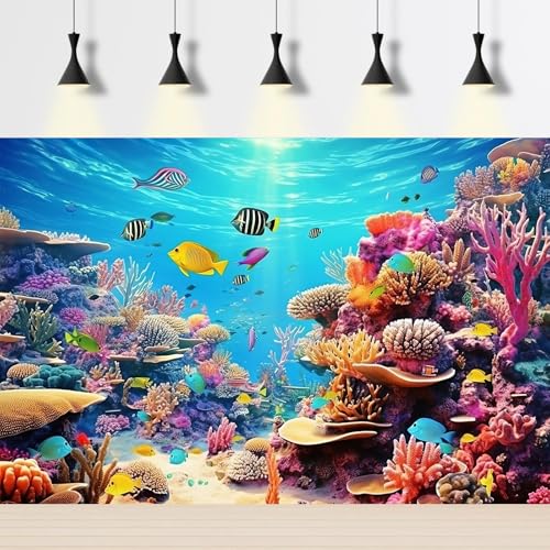 Image of Underwater Aquarium Background Under The Sea Paradise Tropical Fish and Coral Reef Terrarium Background Breathtaking Fish Groups Deep Ocean with Sunbeams Fish Tank Backdrop Aquatic Theme 30x18in