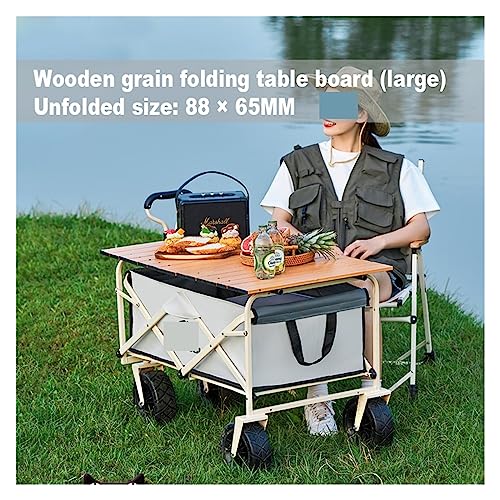 Carretilla plegable al aire libre con ruedas de 8 y 5 pulgadas, aleación de aluminio y tablero con diseño de madera, para camping y picnic, portátil miniatura 4