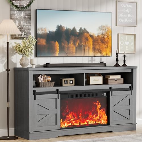 Image of JUMMICO Fireplace TV Stand for 65 Inch TV with 26'' Fireplace (Pale Gray)