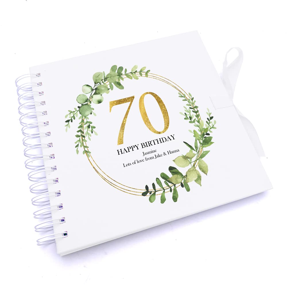 Ukgiftstoreonline White Personalised 70Th Birthday Gift For Her Scrapbook Photo Album Gold Wreath