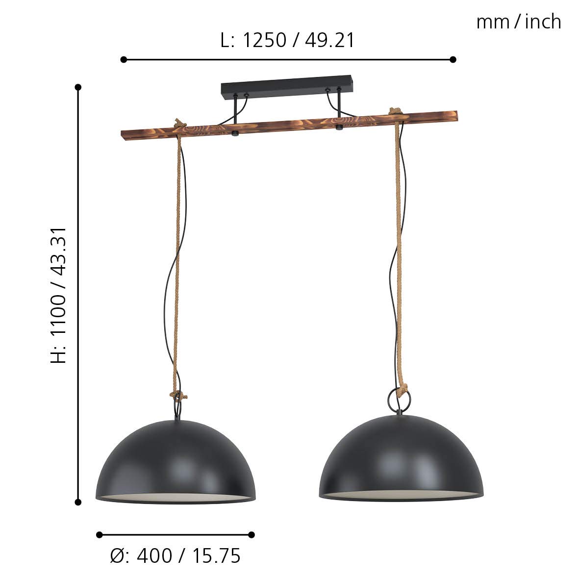Eglo Lámpara colgante Hodsoll, 2 luces, vintage, industrial, retro, acero | madera, cuerda natural, negro, crema, marrón, para comedor y salón con casquillo E27