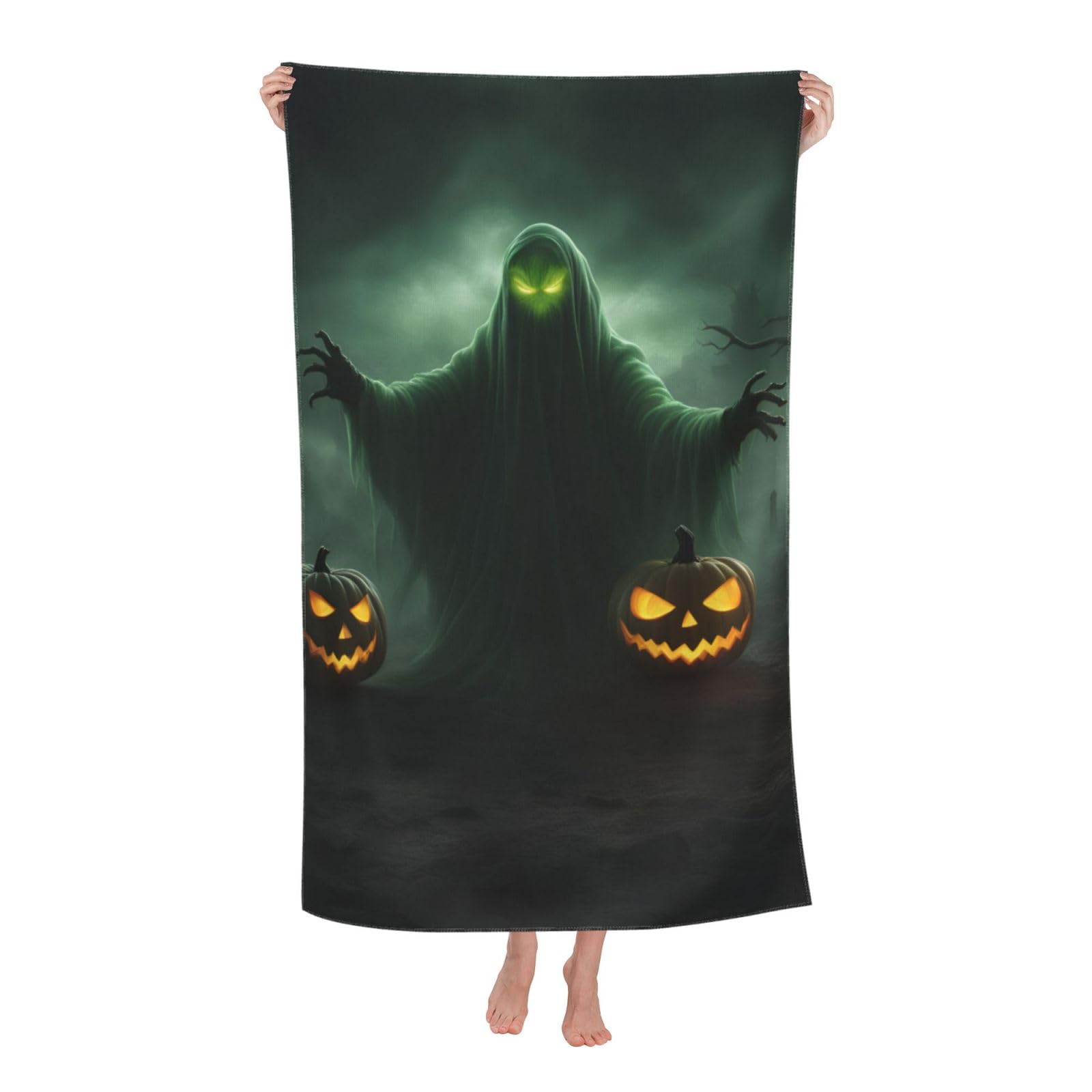 Anceky Oversized Green Ghost Horror Halloween Pumpkin Print Beach Towel Soft Quick Dry for Beach Pool Shower Travel Sports