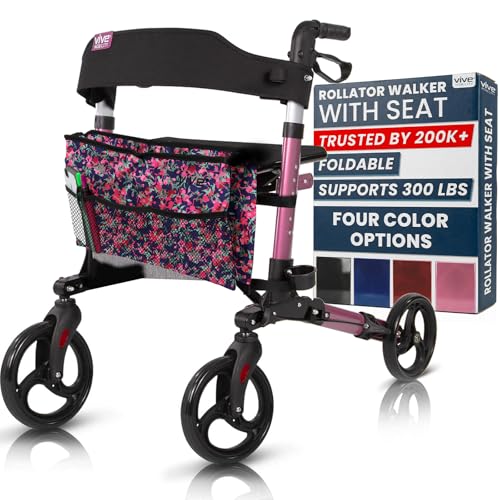 Vive Mobility Rollator Walker with Seat - Folding 4 Wheel Medical Rolling Walker with Bag - Mobility Aid for Adult, Senior, Elderly & Handicap - Aluminum Transport Chair