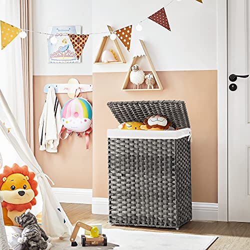 Songmics Handwoven Laundry Hamper, 23.8 Gal (90L) Synthetic Rattan Clothes Laundry Basket With Lid And Handles, Foldable, Removable Liner Bag, Gray Ulcb51Wg #TOP3