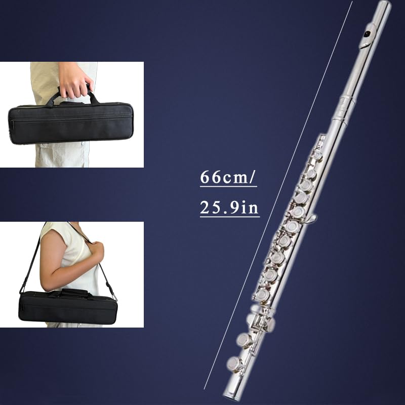 Image of flute 16-hole closed-hole C-tone nickel-plated, beginner to play graded flute, with box and cleaning kit.