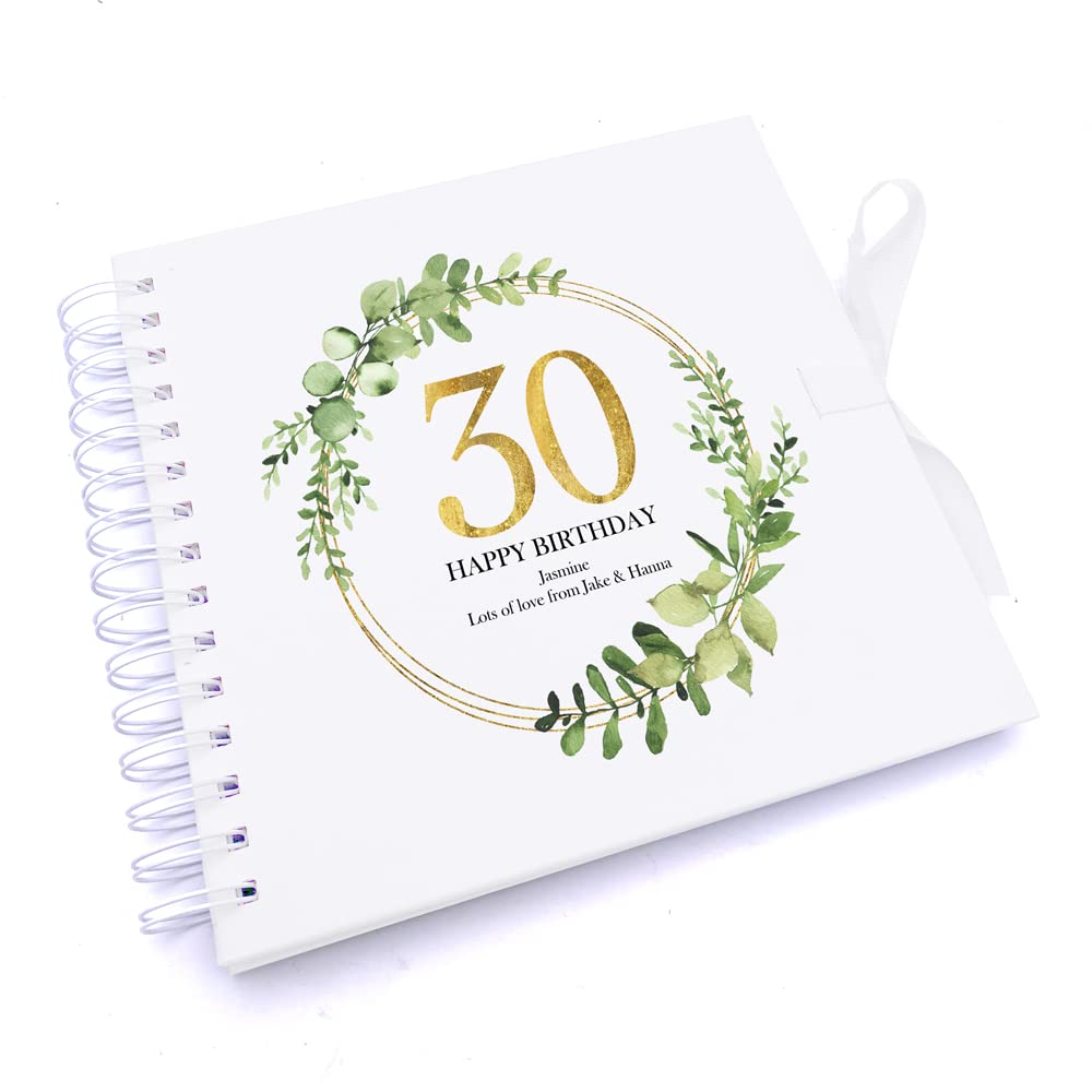 Ukgiftstoreonline White Personalised 30Th Birthday Gift For Her Scrapbook Photo Album Gold Wreath Design