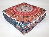 CRAFT KALA Large Hippie Mandala Meditation Floor Ottoman Pillow Cushion Pouf Cover Square Poufs Bohemian Circle Floor Cushion Case Outdoor Fireplace Yoga Living Room Decor Cover Orange, 16' Square