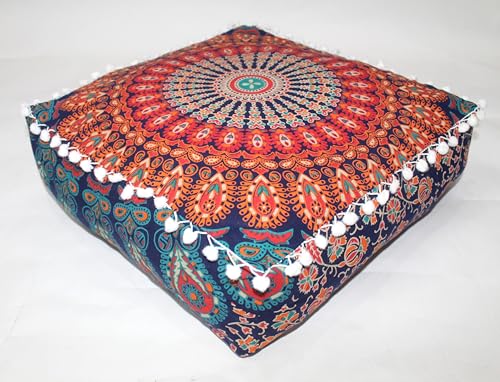 CRAFT KALA Large Hippie Mandala Meditation Floor Ottoman Pillow Cushion Pouf Cover Square Poufs Bohemian Circle Floor Cushion Case Outdoor Fireplace Yoga Living Room Decor Cover Orange, 16\" Square