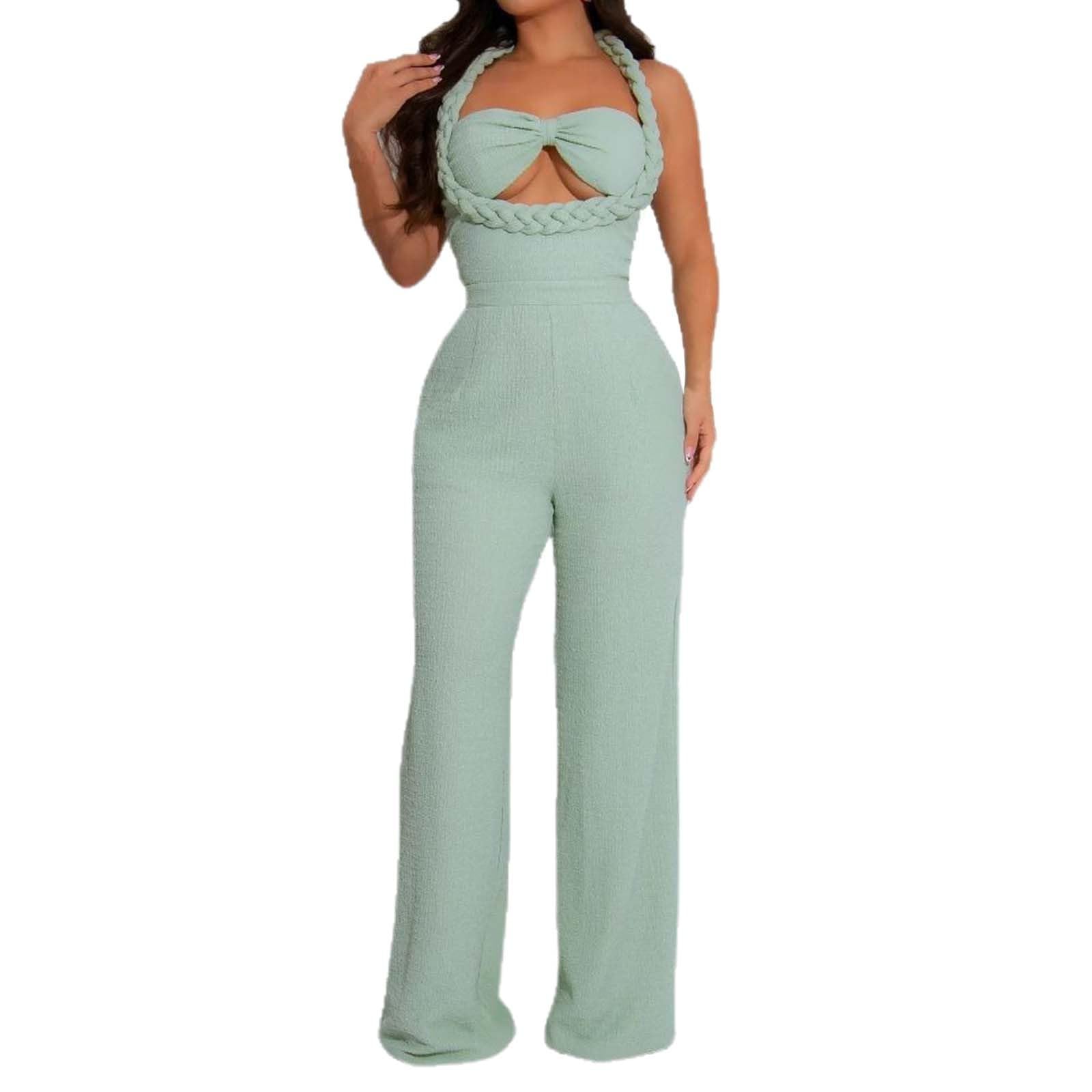 Jumpsuit Damen Sommer Elegant, Lang Overall Damen, Einfarbiges Ärmellos Playsuit Outfit Frauen Komplett, Romper Einteiler Kostüm, Overall Damen Festlich Hochzeit Dünn Funky Damen Jumpsuit für Party
