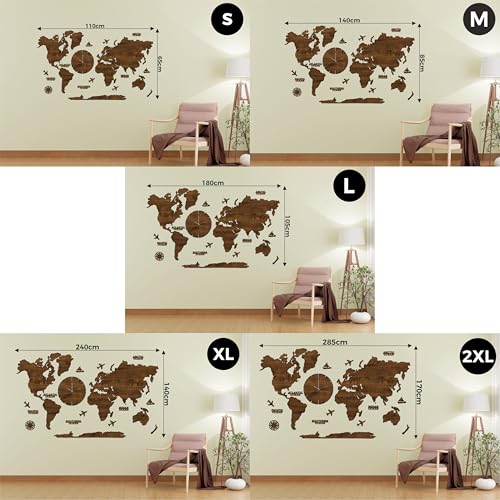 Image of rawpockets - 3D Wooden World Map With Clock Wall Decor| Wall Art, Wall Hangings & Gift | Travel Map | Living Room & Bedroom Wall | Working Space - Teak Brown Color - Large Size (180 X 105 CM)