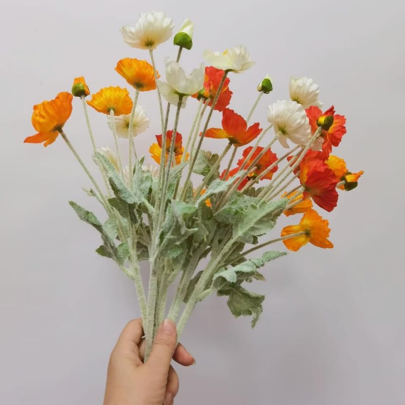 9Pcs Poppy Flowers Artificial,Poppy Silk Flowers with Stems,Ranunculus Artificial Flowers,Faux Flower Stems for Wedding Party Outdoor Indoor Decor Flower Arrangements for Table (Orange White) - Image 8
