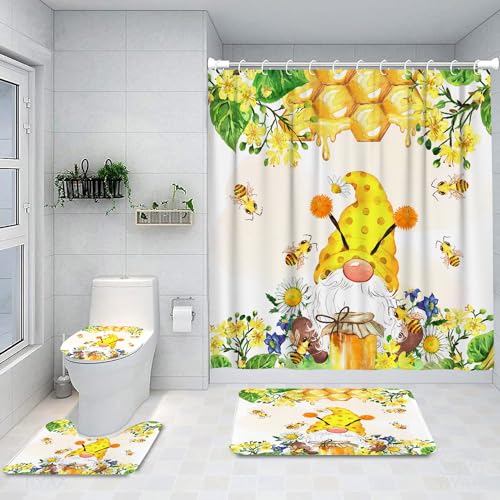 Ansouyi 4Pcs Bathroom Shower Curtain Sets with Non-Slip Rugs Toilet Lid Cover and Bath Mat Spring Bees Honey Cute Gnome Durable Waterproof Shower Curtain for Bathroom Set with 12 Hooks