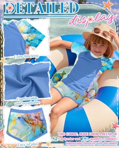Image of Xaatren Girls 2 Piece Rash Guard Swimsuit | Quick Dry Bathing Suits, Short Sleeve Floral Beach Swimwear, Summer Tee and Boyshort Sets, Protection, Hawaiian, 7-16 Year