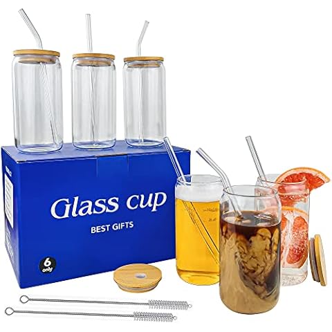 6Pcs Glass Cups with Bamboo Lids and Straws Set- 16oz Iced Coffee Cup, Beer Glasses, Cute Tumbler Cup, Can Shaped Water Glasses for Drinking Cover