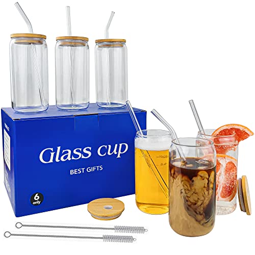 6-teiliges Glasbecher mit Bambusdeckel und Strohhalmen-Set, 473 ml, Eiskaffeebecher, Biergläser, niedlicher Becher, Dosenform, Wassergläser zum Trinken Cover