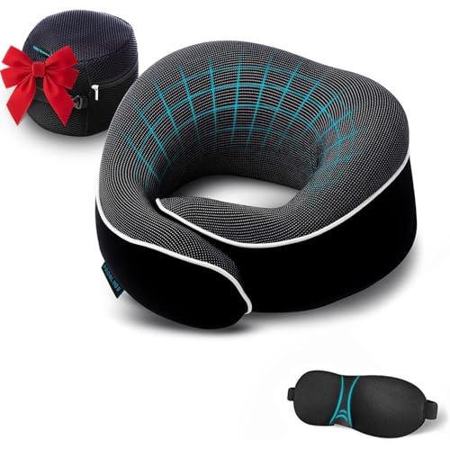 Proglobe Almohada para Cuello - Almohada Cervical para Avión Coche Tren, 100% Espuma Memoria, Cojin de Viaje Cuello, con Máscara de Ojos 3D y Bolsa de Malla, Negro (Negro)