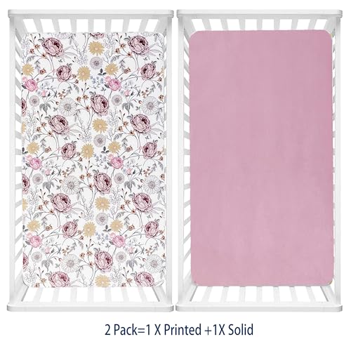 Image of AMROSE 2 Pack Microfleece Crib Sheets, 28'' X 52'' Flannel Fleece Crib Fitted Sheets for Crib and Toddler Mattress Pad, Soft Comfy Warm Crib Sheets for Girls, Floral