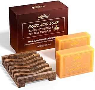 Kojic Acid Soap Dark Spot Remover Turmeric Soap for Face and Body Lightening Moisturizing Even out Tone Skin Turmeric Vitamins C Soap for Acne Dark Spots Blackheads 2x100g Soaps, 1pc Mesh Soap Pouch and 1pc Wooden Soap Holder