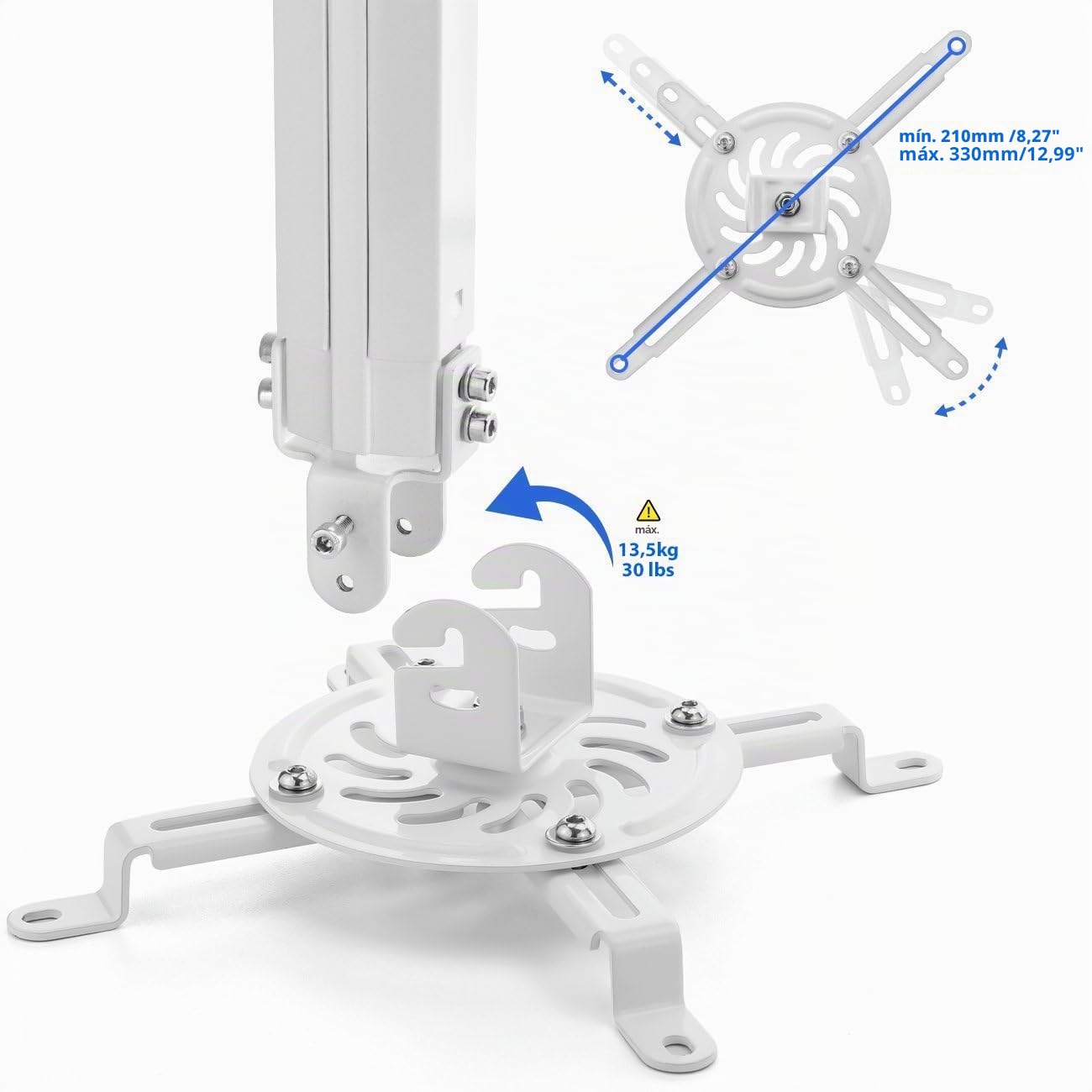 deleyCON Soporte Universal para Proyector - Inclinación ±15° - Giro 360° - hasta 13,5 kg - Altura Ajustable 380-580 mm - Guía de Cables - Blanco