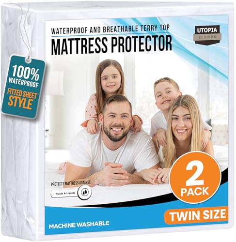 Utopia Bedding Waterproof Mattress Protector Twin Size 2 Pack, Premium 200 GSM Terry Mattress Cover, Soft & Breathable Bed Cover, Fitted Sheet Style with Stretchable Deep Pockets 15' (White)