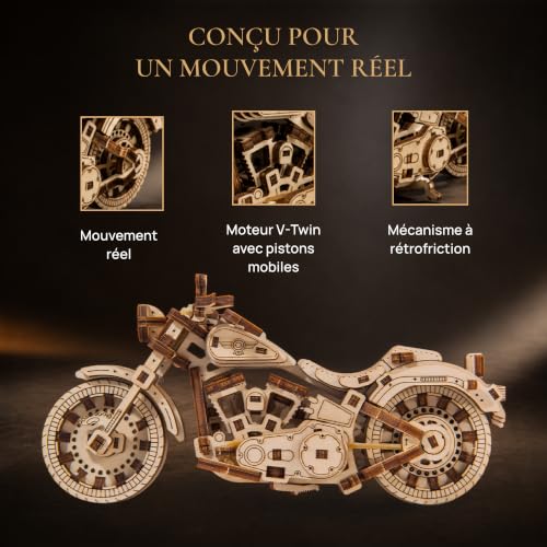 WOODEN.CITY Holzmodellbausatz Motorrad Cruiser V-Twin, Mechanisch 3D Puzzle, Brettspiele Erwachsene - DIY Spielzeug, Laser Cut Hobby… – Ansicht 4