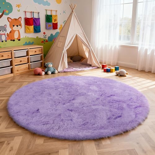 Purple Fluffy Round Area Rugs for Bedroom,4'X4'Shag Circle Area Rugs for Girls Room,Non Slip Fuzzy Plush Rug for Kids Room Living Room and Dorm Home Decor Rug