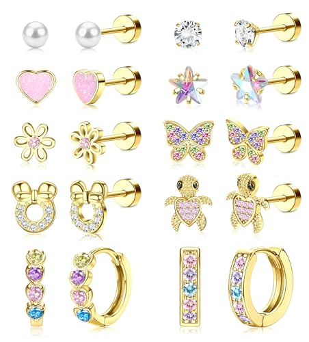 Adramata 10 Pares Pendientes Niña Plata/Oro 14K Hipoalergénicos Pendientes Aro Acero Inoxidable Pequeños Pendiente Niña con Cierre de Tornillo Pendiente Corazón Flor Mariposa Circonita Cúbica